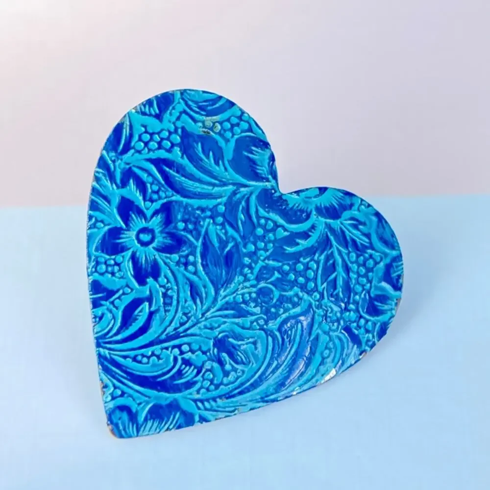 Blue brocade floral patterned heart post earrings